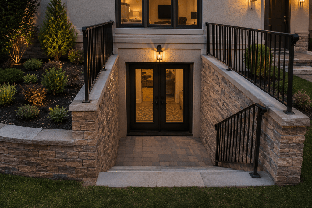 Custom basement walkout entrance with stone retaining walls, concrete stairs, black metal railings, and French doors designed for safe basement access and increased home value.